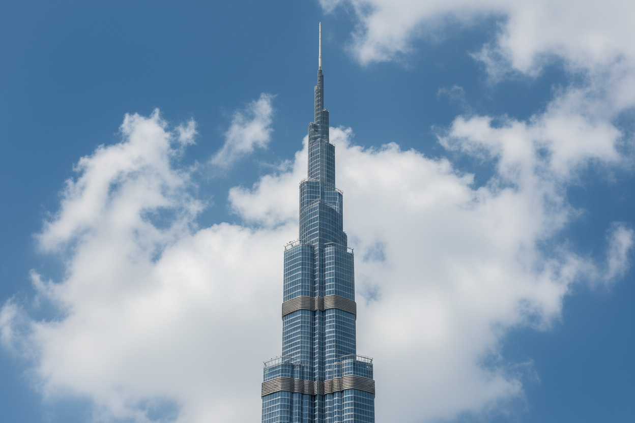 a beautiful view of blue sky and clouds over top of burj khalifa